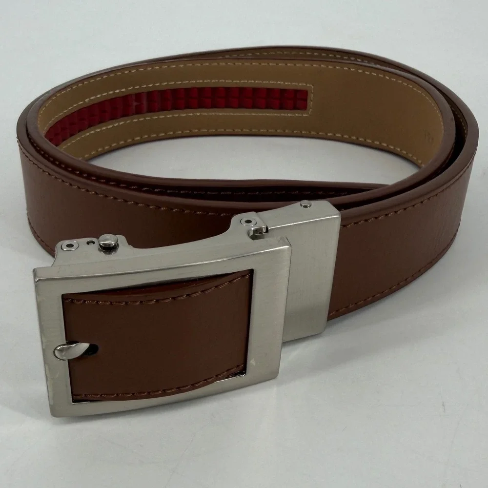Nexbelt Mens Brown Leather Ratchet Belt No Holes Silver Buckle 30 Inch Cut Size